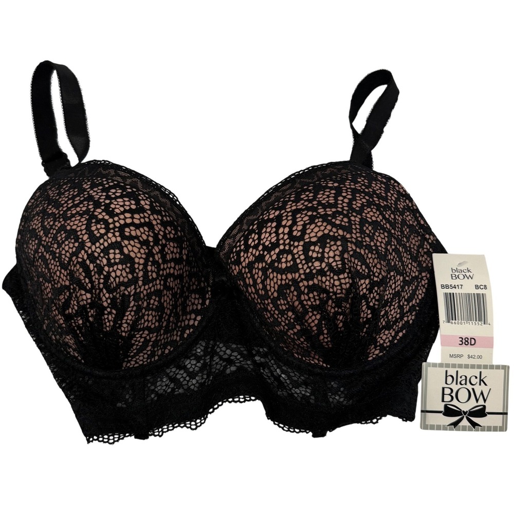 Black Bow Bra Womens 38D Black Lace Longline Push Up BB5417